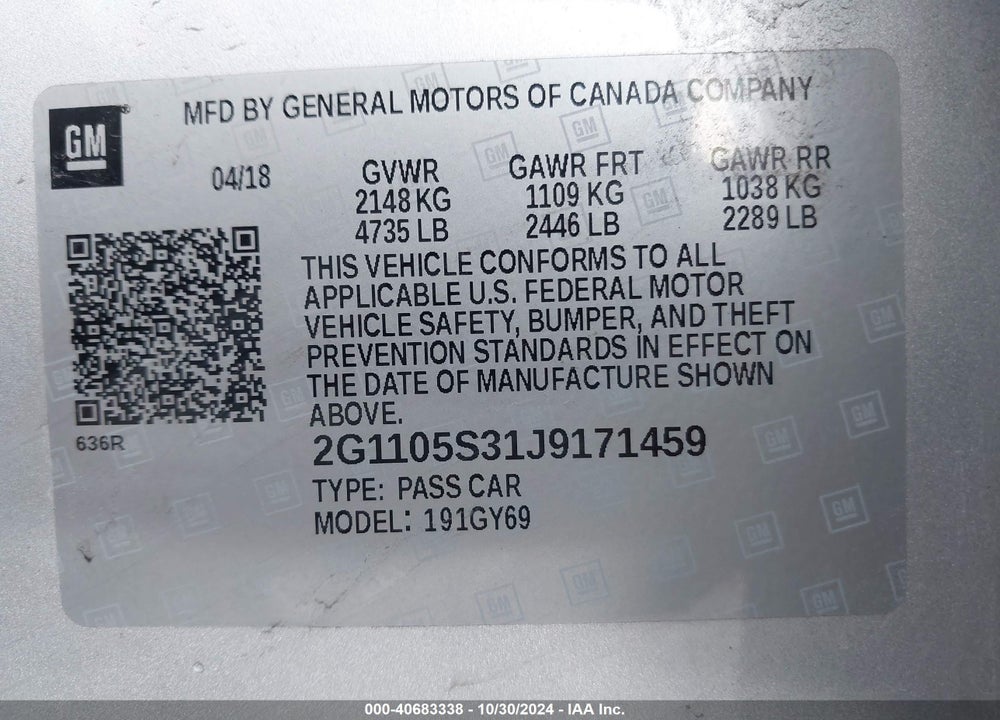 2018 CHEVROLET IMPALA 1LT VIN: 2G1105S31J9171459