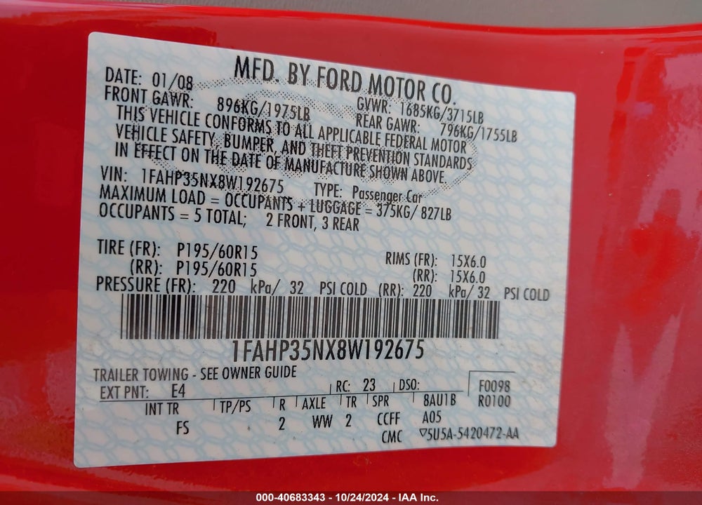 2008 FORD FOCUS SE/SES VIN: 1FAHP35NX8W192675