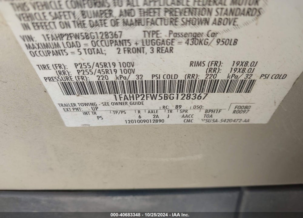 2011 FORD TAURUS VIN: 1FAHP2FW5BG128367