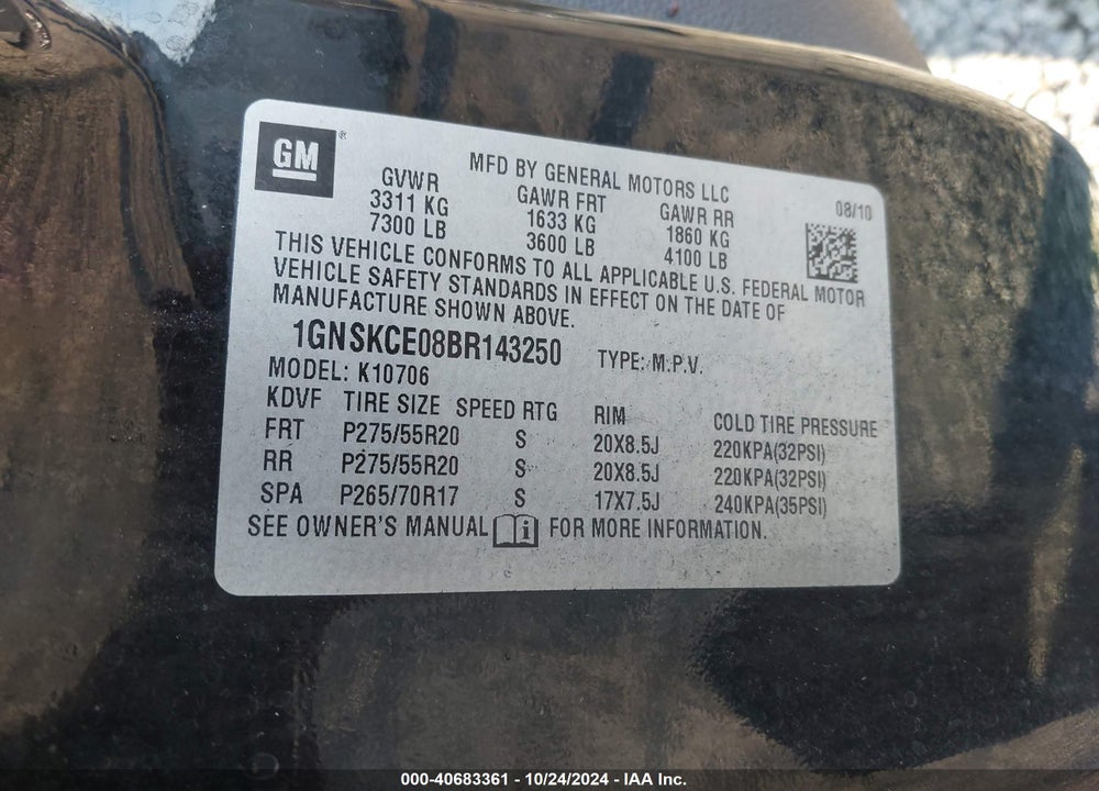 2011 CHEVROLET TAHOE LTZ VIN: 1GNSKCE08BR143250