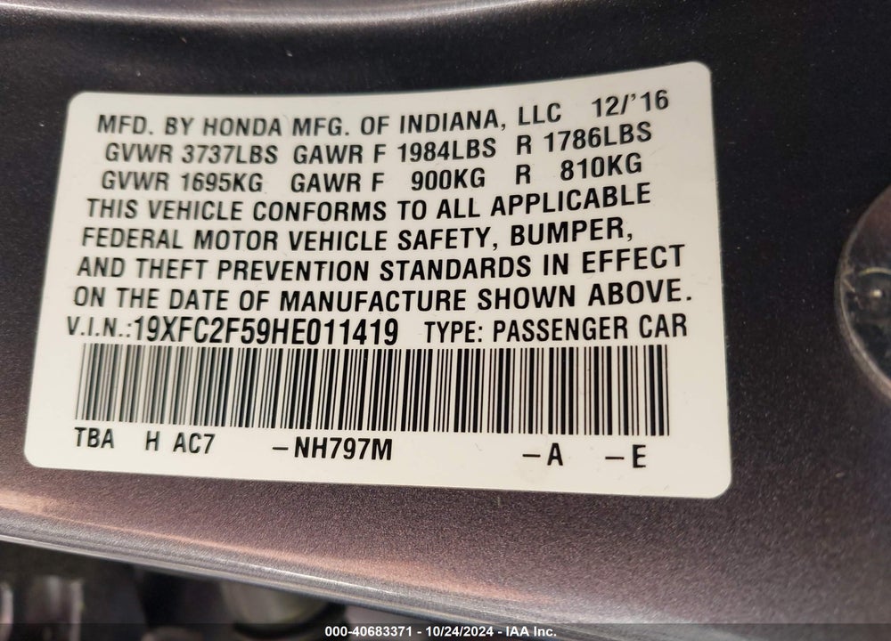 2017 HONDA CIVIC LX VIN: 19XFC2F59HE011419