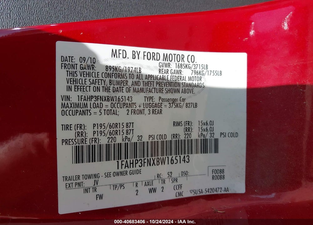 2011 FORD FOCUS SE VIN: 1FAHP3FNXBW165143