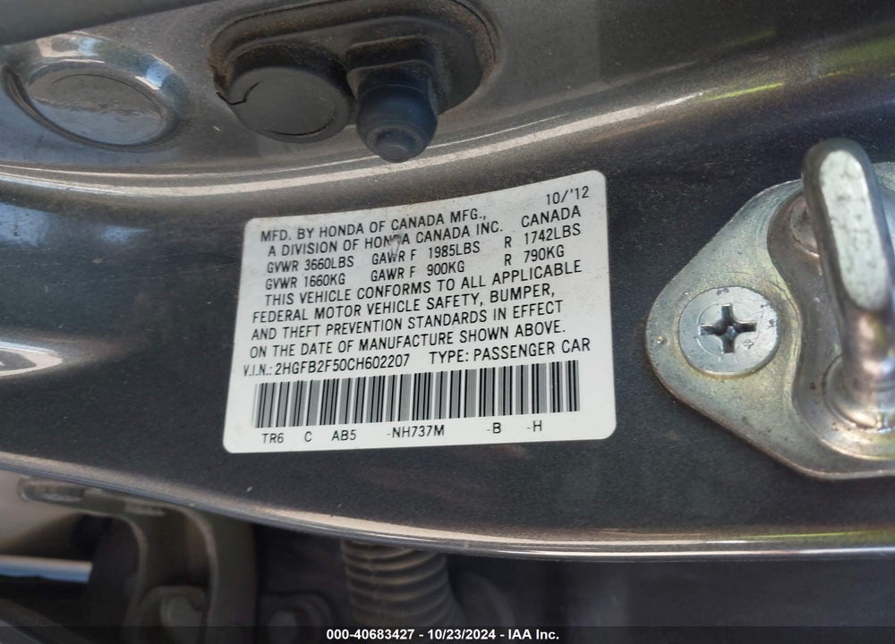 2012 HONDA CIVIC SDN LX VIN: 2HGFB2F50CH602207