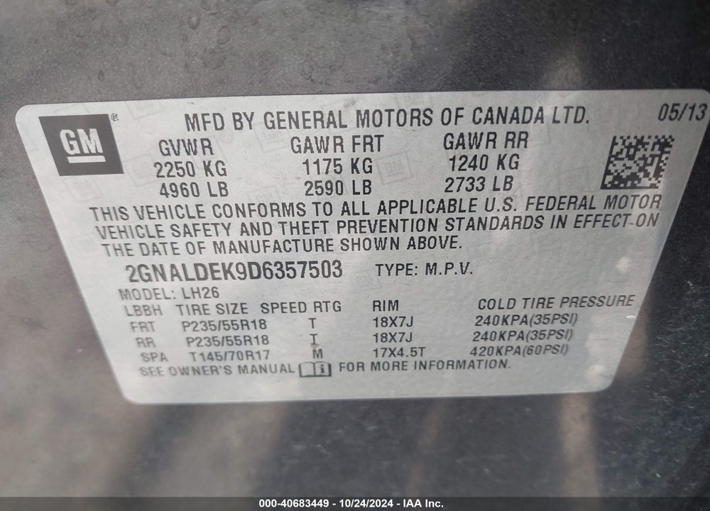 2013 CHEVROLET EQUINOX 1LT VIN: 2GNALDEK9D6357503