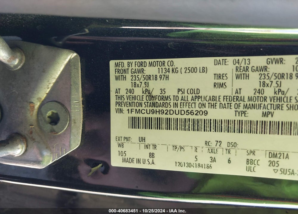 2013 FORD ESCAPE SEL VIN: 1FMCU9H92DUD56209