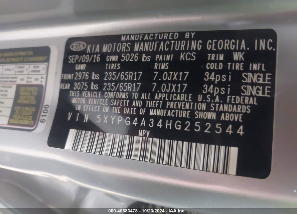 2017 KIA SORENTO 2.4L LX VIN: 5XYPG4A34HG252544