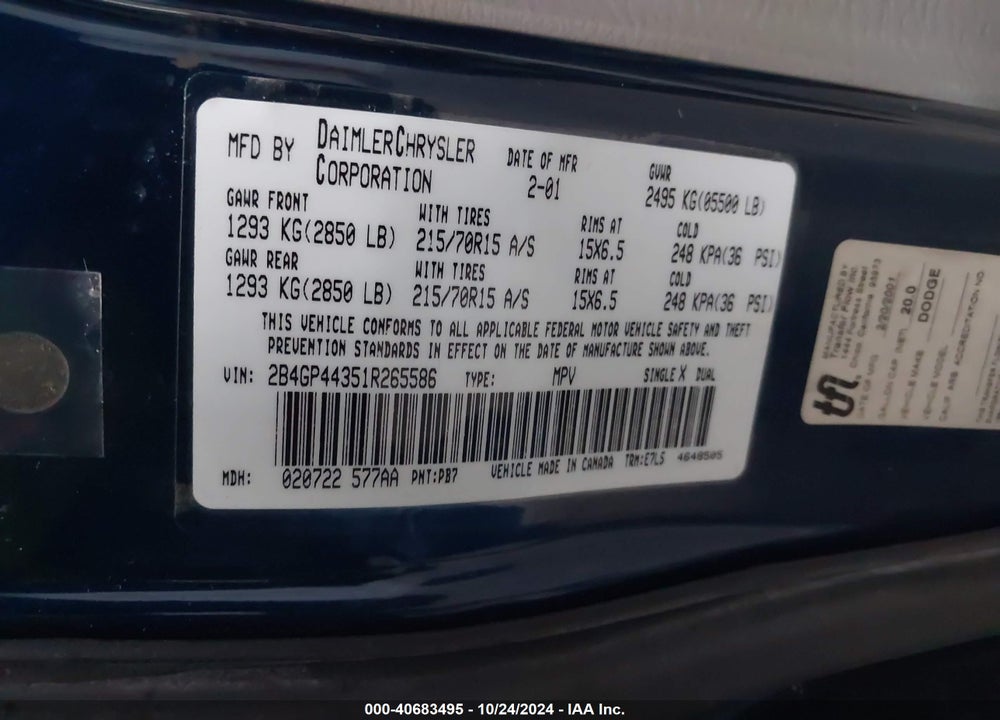 2001 DODGE GRAND CARAVAN SPORT VIN: 2B4GP44351R265586