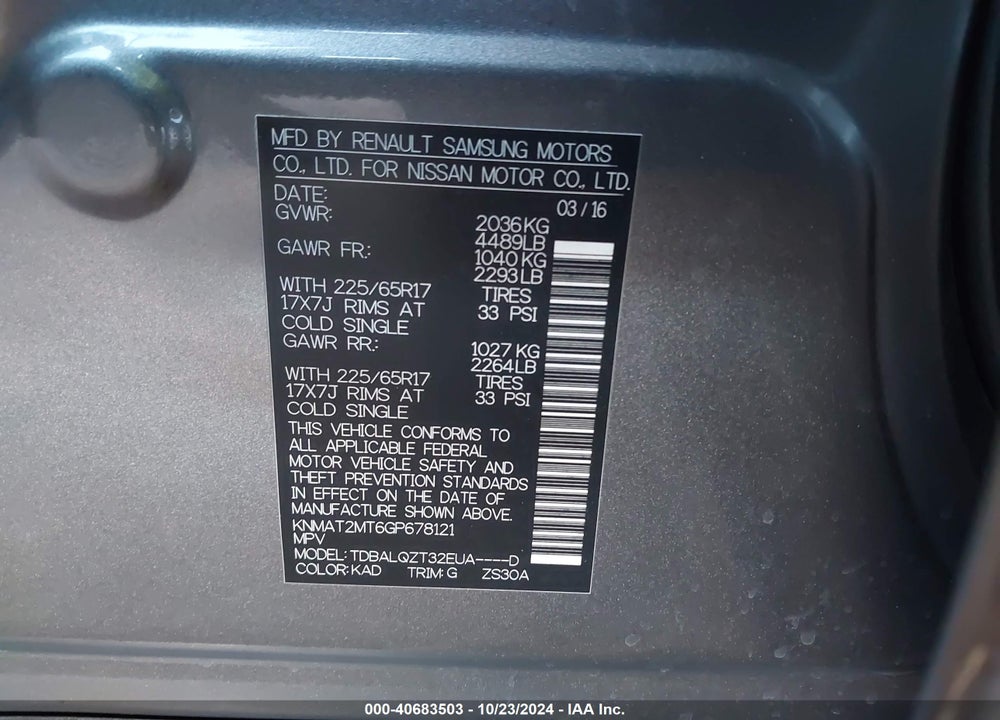 2016 NISSAN ROGUE SV VIN: KNMAT2MT6GP678121