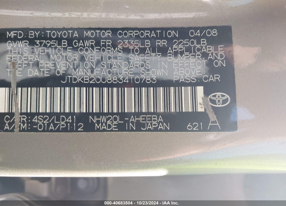 2008 TOYOTA PRIUS VIN: JTDKB20U883410783