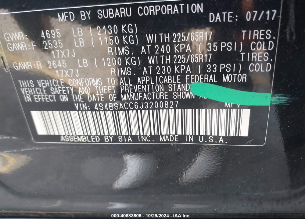 2018 SUBARU OUTBACK 2.5I PREMIUM VIN: 4S4BSACC6J3200827