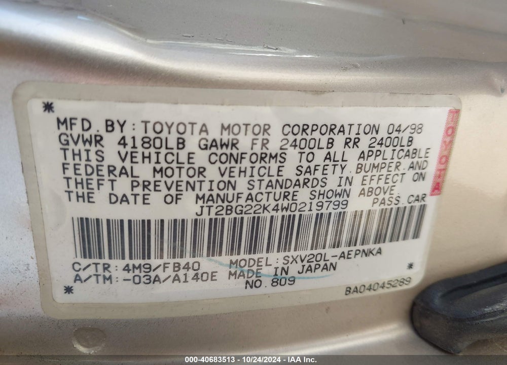 1998 TOYOTA CAMRY LE VIN: JT2BG22K4W0219799