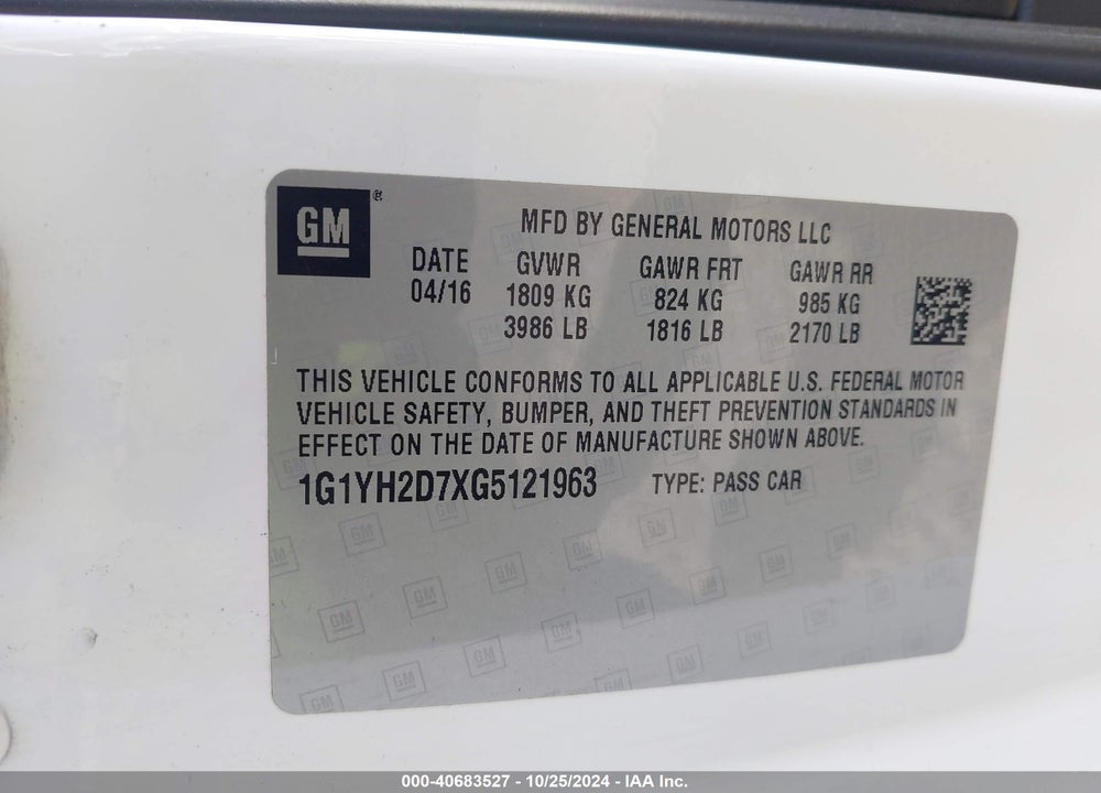 2016 CHEVROLET CORVETTE STINGRAY Z51 VIN: 1G1YH2D7XG5121963