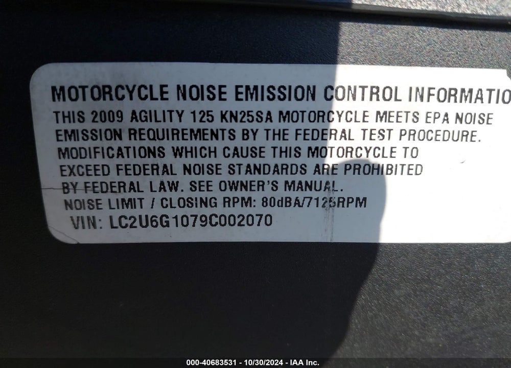 2009 KYMCO USA INC AGILITY 125 VIN: LC2U6G1079C002070