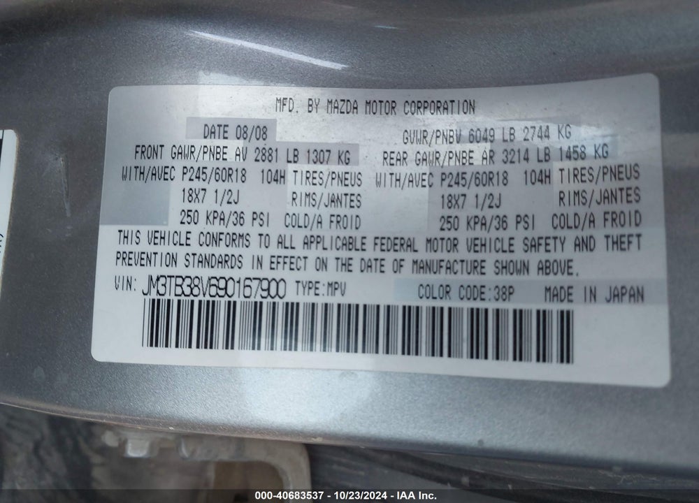 2009 MAZDA CX-9 TOURING VIN: JM3TB38V690167900