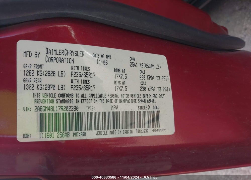 2007 CHRYSLER PACIFICA VIN: 2A8GM48L17R202380