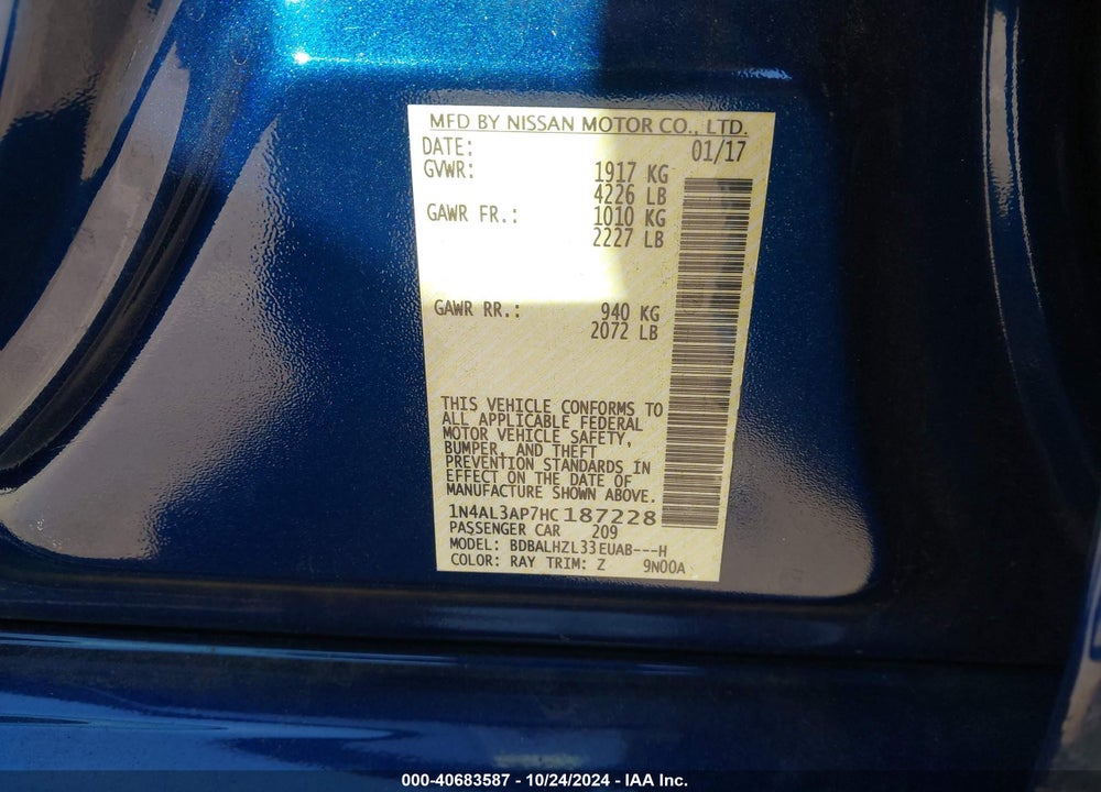 2017 NISSAN ALTIMA 2.5 SR VIN: 1N4AL3AP7HC187228