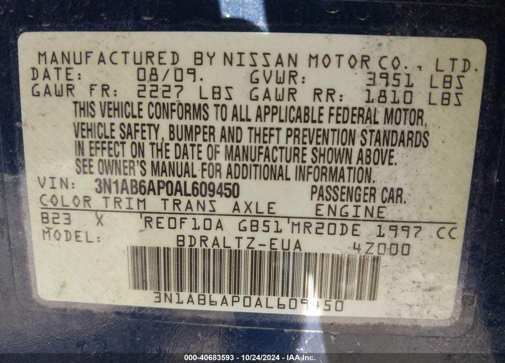 2010 NISSAN SENTRA 2.0S VIN: 3N1AB6AP0AL609450