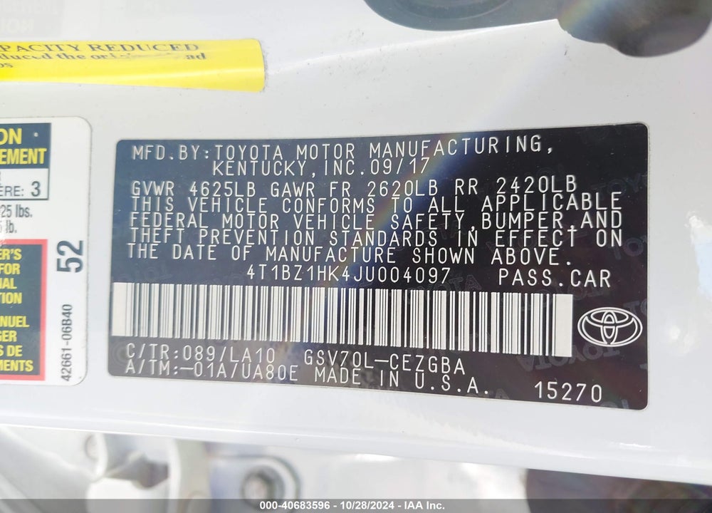 2018 TOYOTA CAMRY XLE V6 VIN: 4T1BZ1HK4JU004097