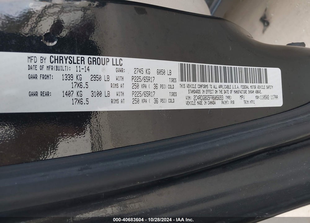 2015 DODGE GRAND CARAVAN SE VIN: 2C4RDGBG5FR605693