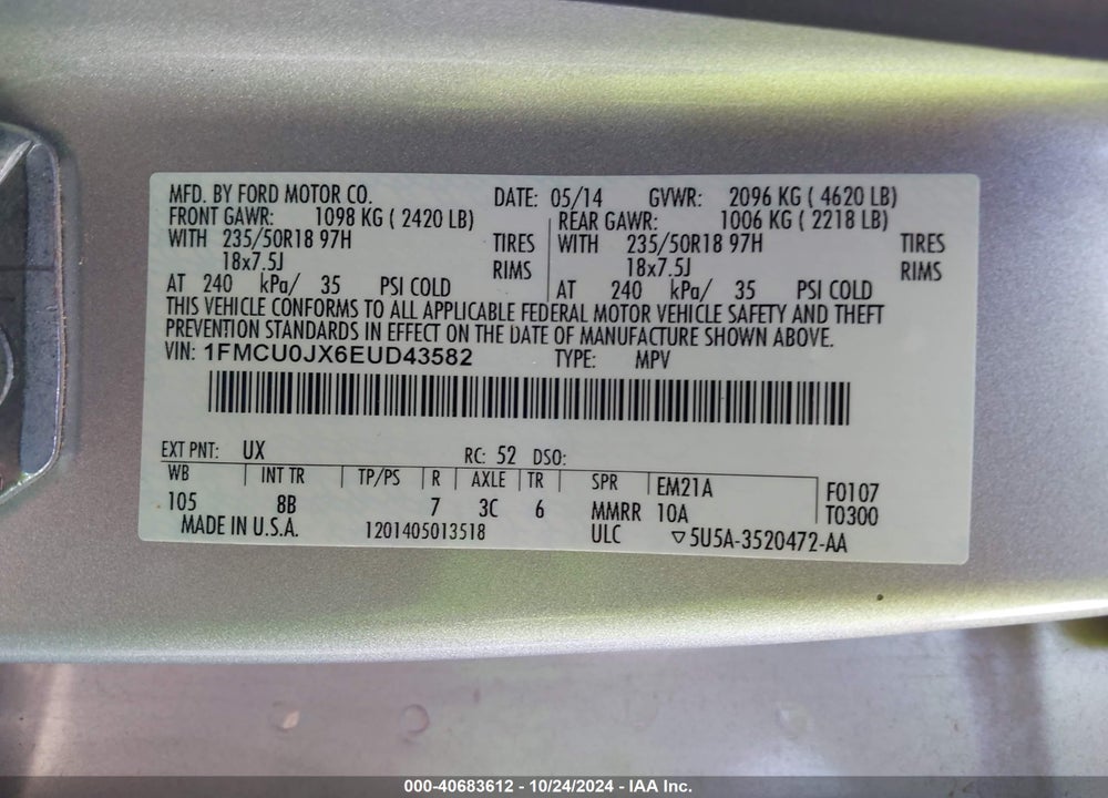 2014 FORD ESCAPE TITANIUM VIN: 1FMCU0JX6EUD43582