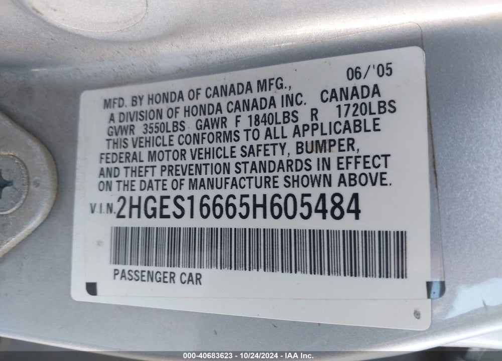 2005 HONDA CIVIC LX VIN: 2HGES16665H605484
