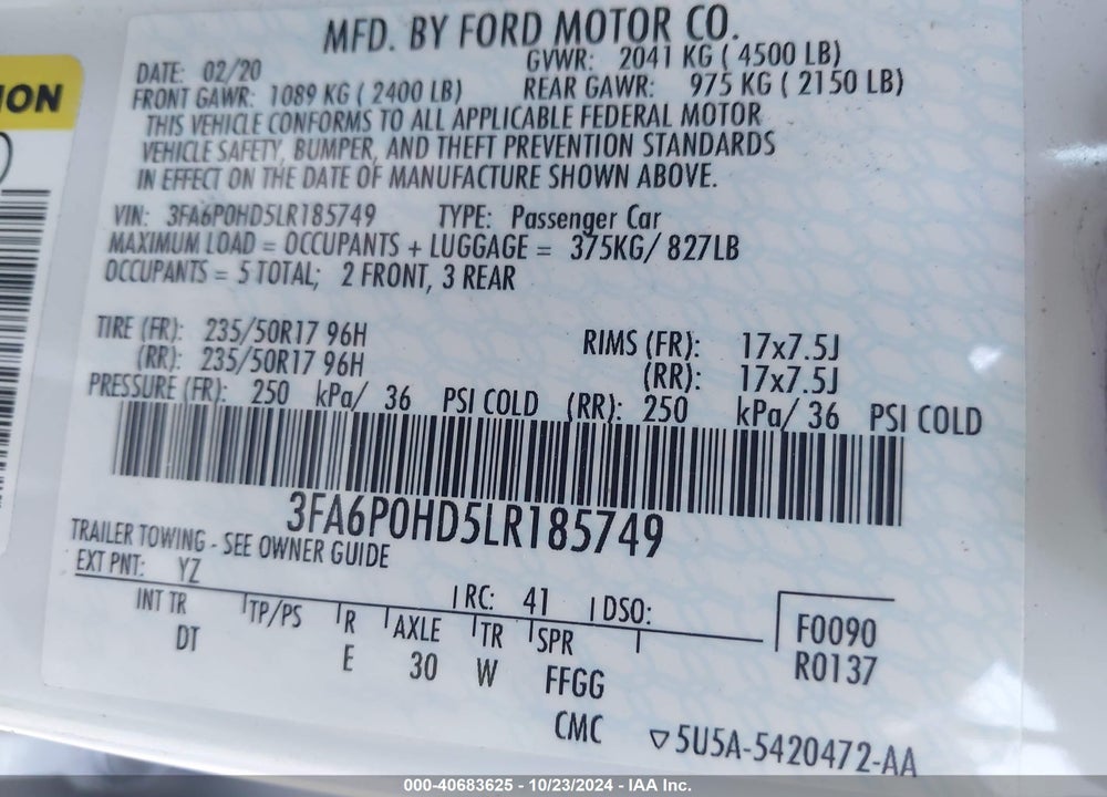 2020 FORD FUSION SE VIN: 3FA6P0HD5LR185749