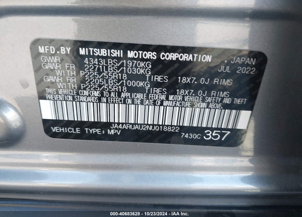 2022 MITSUBISHI OUTLANDER SPORT 2.0 BE /2.0 ES /2.0 LE /2.0 SE /2.0 SE SPECIAL EDITION VIN: JA4ARUAU2NU018822
