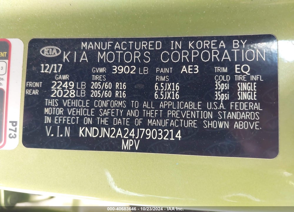 2018 KIA SOUL VIN: KNDJN2A24J7903214