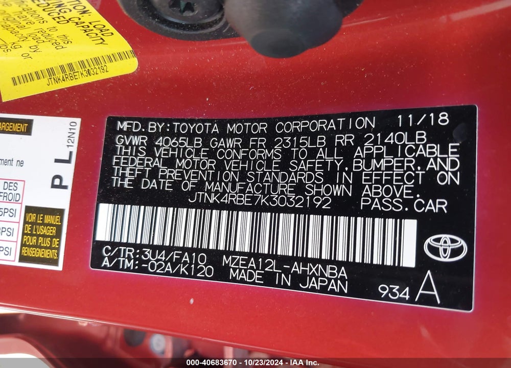 2019 TOYOTA COROLLA SE VIN: JTNK4RBE7K3032192
