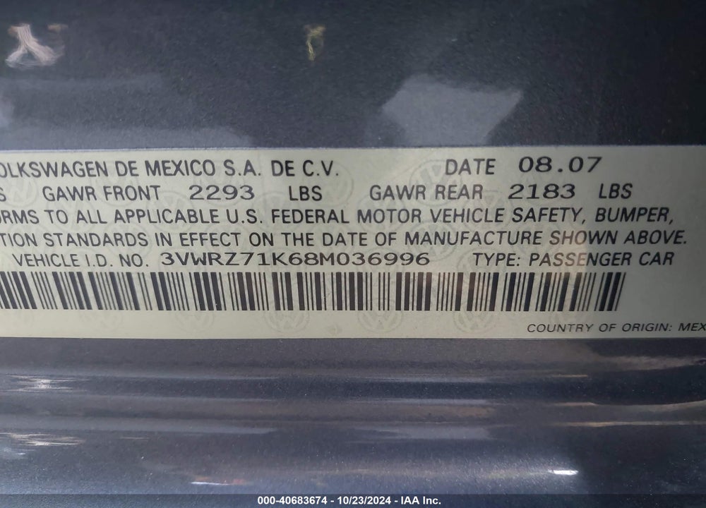 2008 VOLKSWAGEN JETTA SE/SEL VIN: 3VWRZ71K68M036996