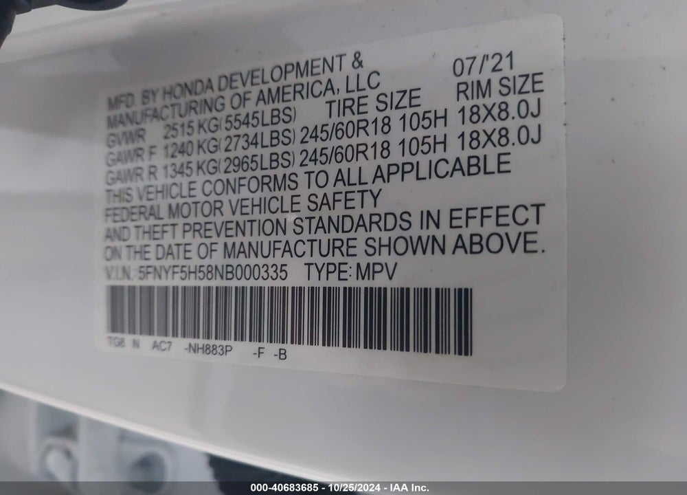 2022 HONDA PILOT 2WD EX-L VIN: 5FNYF5H58NB000335
