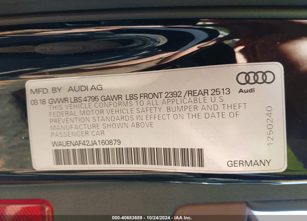 2018 AUDI A4 2.0T PREMIUM/2.0T TECH PREMIUM VIN: WAUENAF42JA160879
