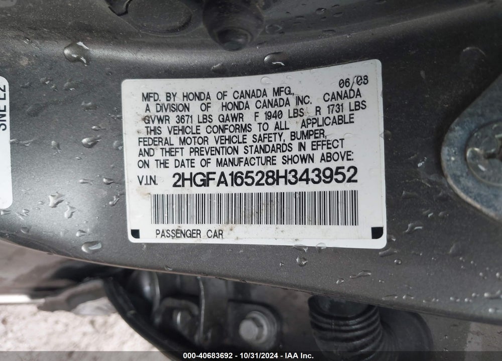 2008 HONDA CIVIC LX VIN: 2HGFA16528H343952