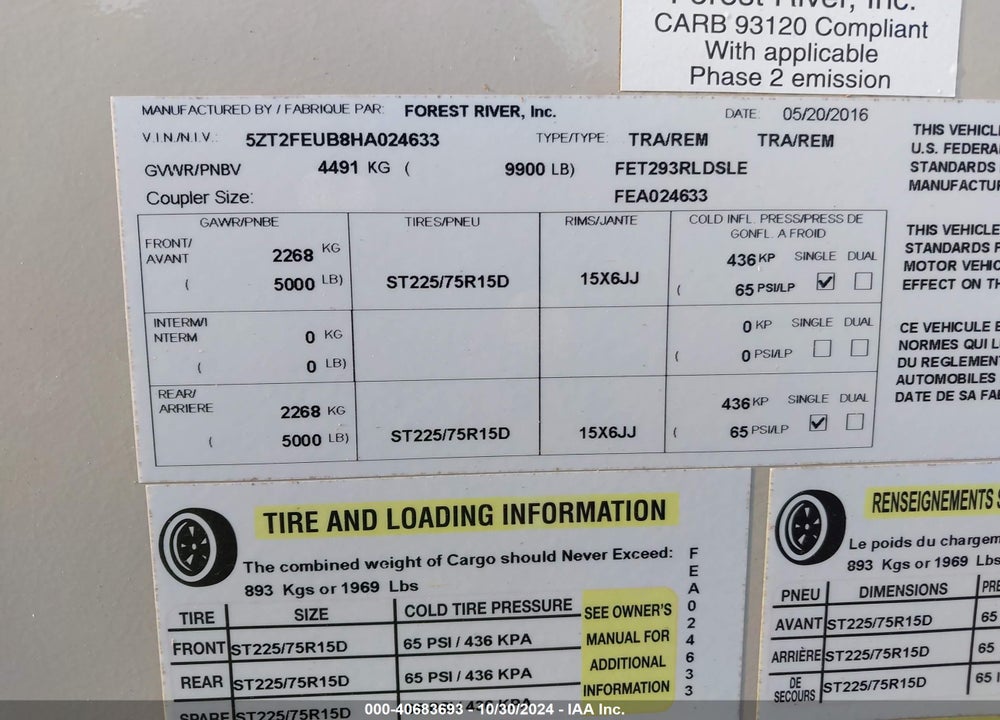 2017 COACHMEN OTHER VIN: 5ZT2FEUB8HA024633