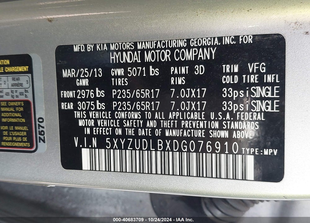 2013 HYUNDAI SANTA FE SPORT VIN: 5XYZUDLBXDG076910