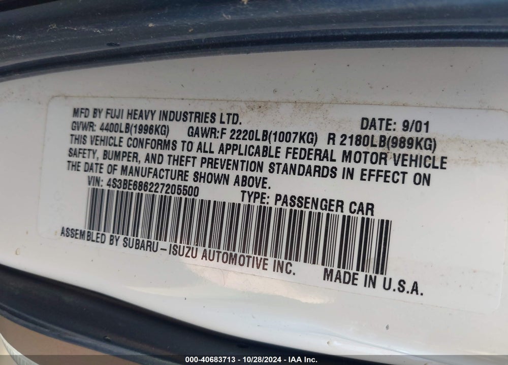 2002 SUBARU OUTBACK LIMITED VIN: 4S3BE686227205500