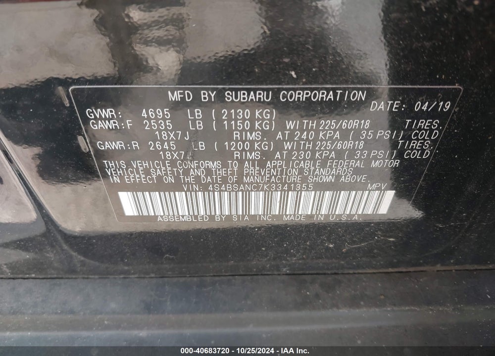 2019 SUBARU OUTBACK 2.5I LIMITED VIN: 4S4BSANC7K3341355