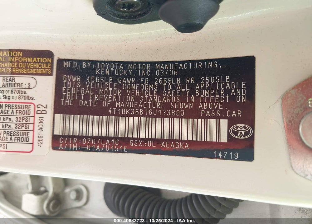 2006 TOYOTA AVALON XLS VIN: 4T1BK36B16U133893