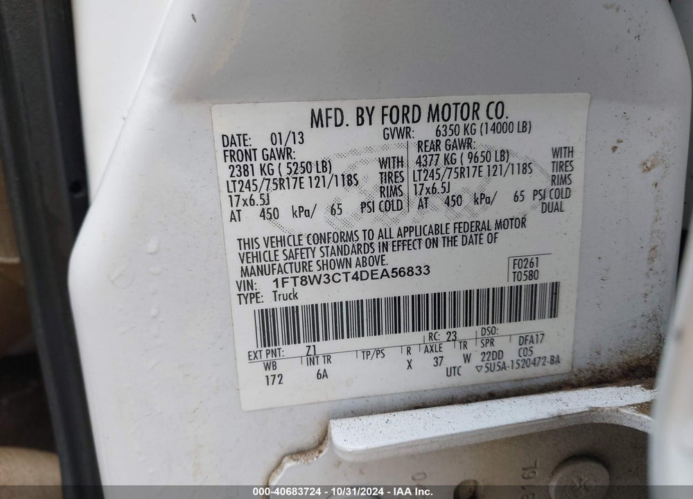 2013 FORD F-350 LARIAT VIN: 1FT8W3CT4DEA56833