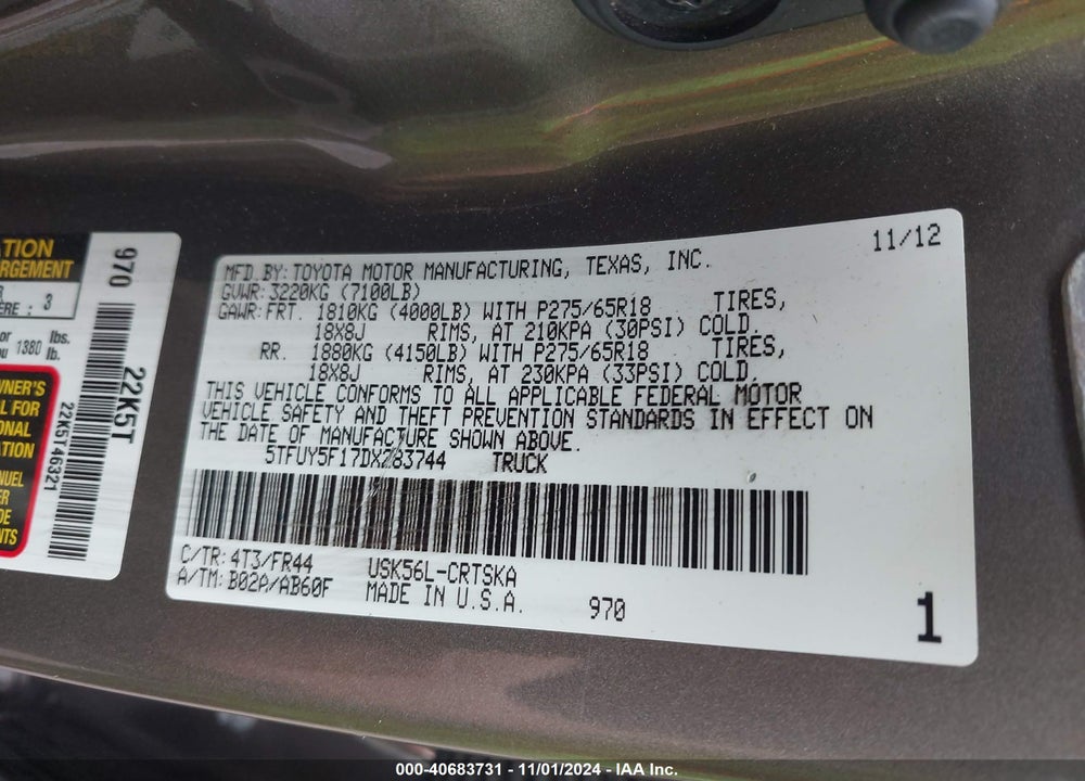 2013 TOYOTA TUNDRA GRADE 5.7L V8 VIN: 5TFUY5F17DX283744