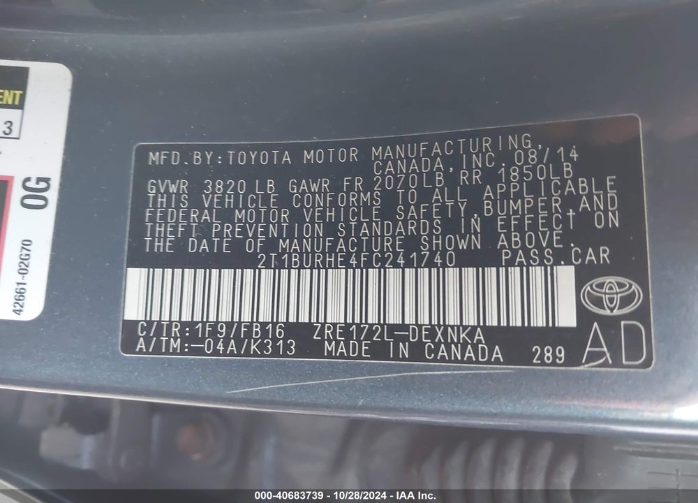 2015 TOYOTA COROLLA LE VIN: 2T1BURHE4FC241740