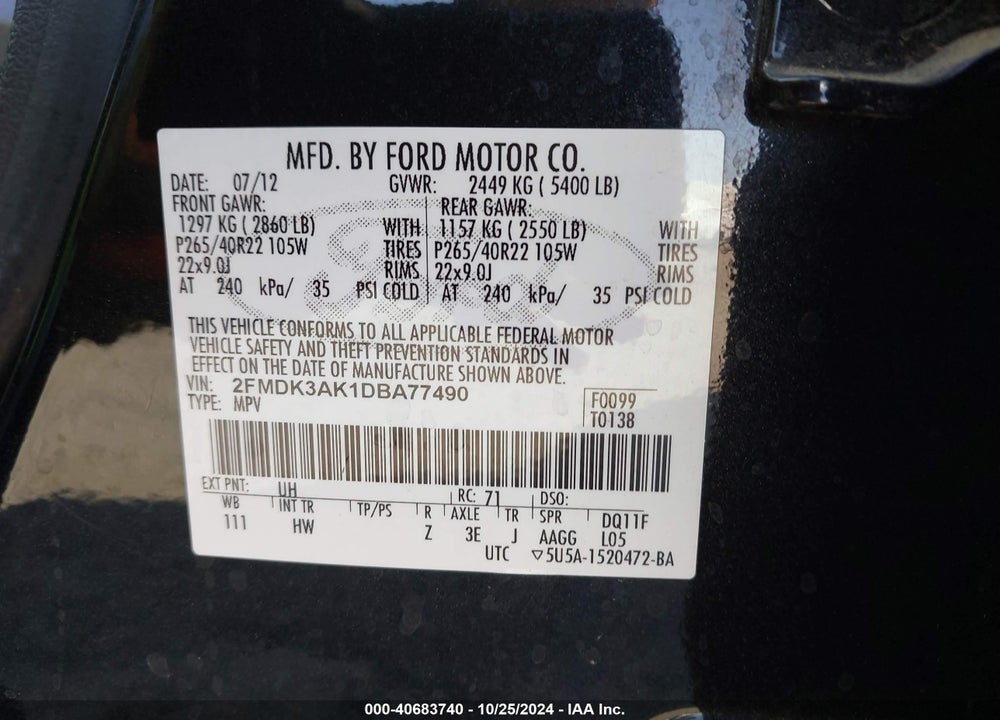 2013 FORD EDGE SPORT VIN: 2FMDK3AK1DBA77490
