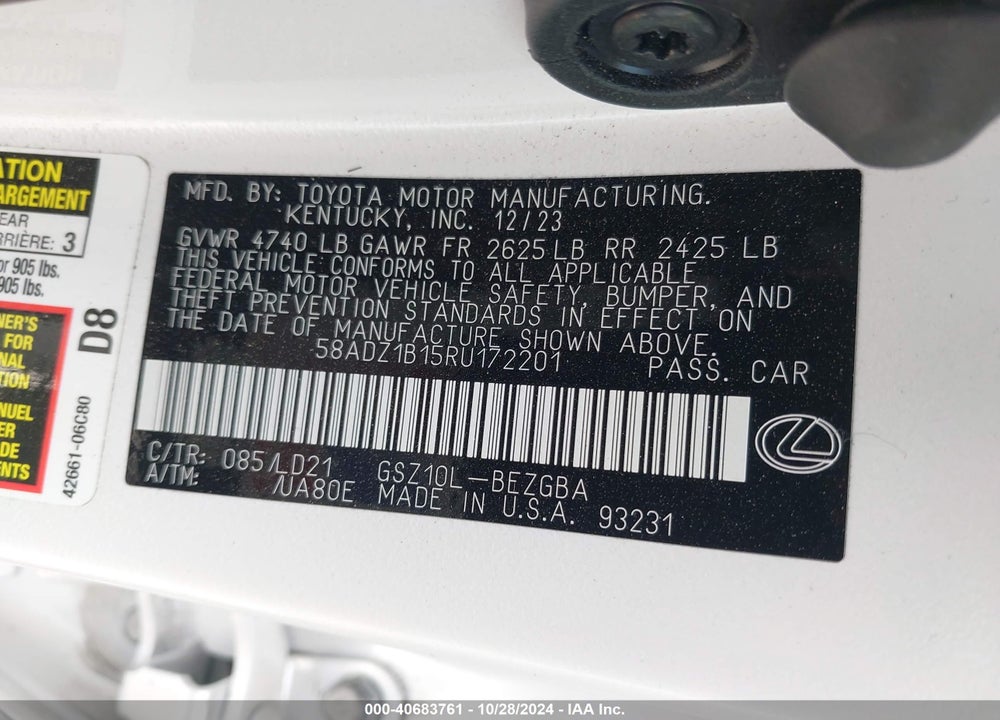 2024 LEXUS ES 350 VIN: 58ADZ1B15RU172201