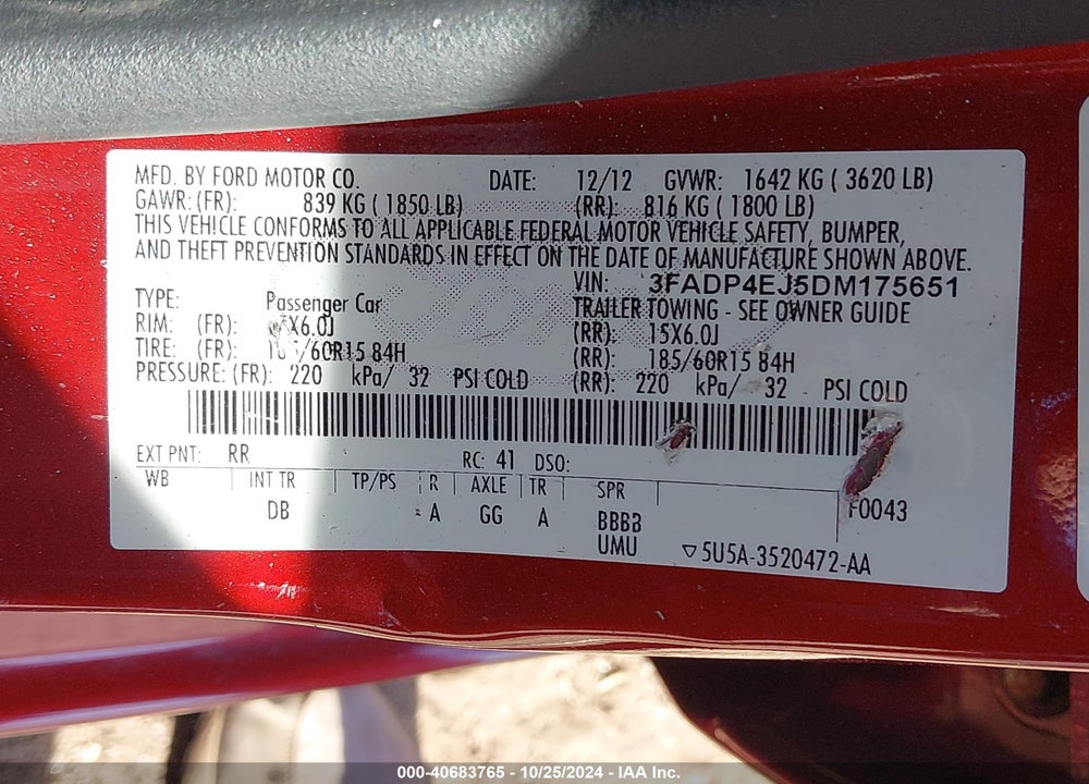 2013 FORD FIESTA SE VIN: 3FADP4EJ5DM175651