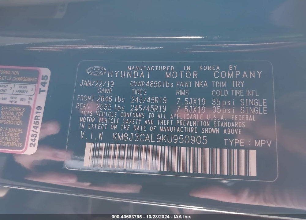 2019 HYUNDAI TUCSON SPORT VIN: KM8J3CAL9KU950905