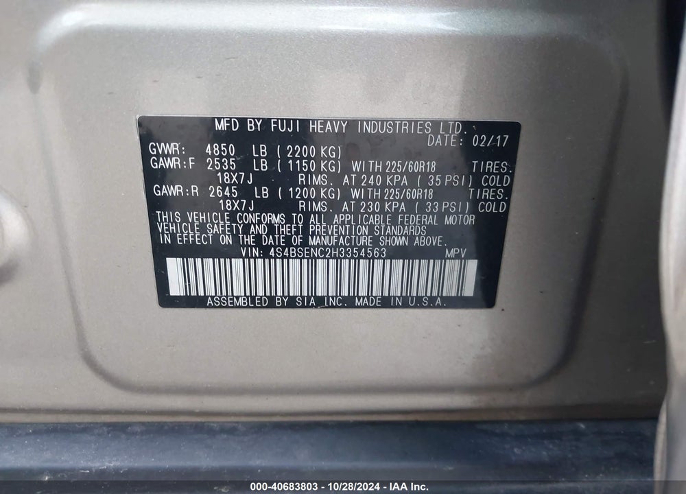 2017 SUBARU OUTBACK 3.6R LIMITED VIN: 4S4BSENC2H3354563