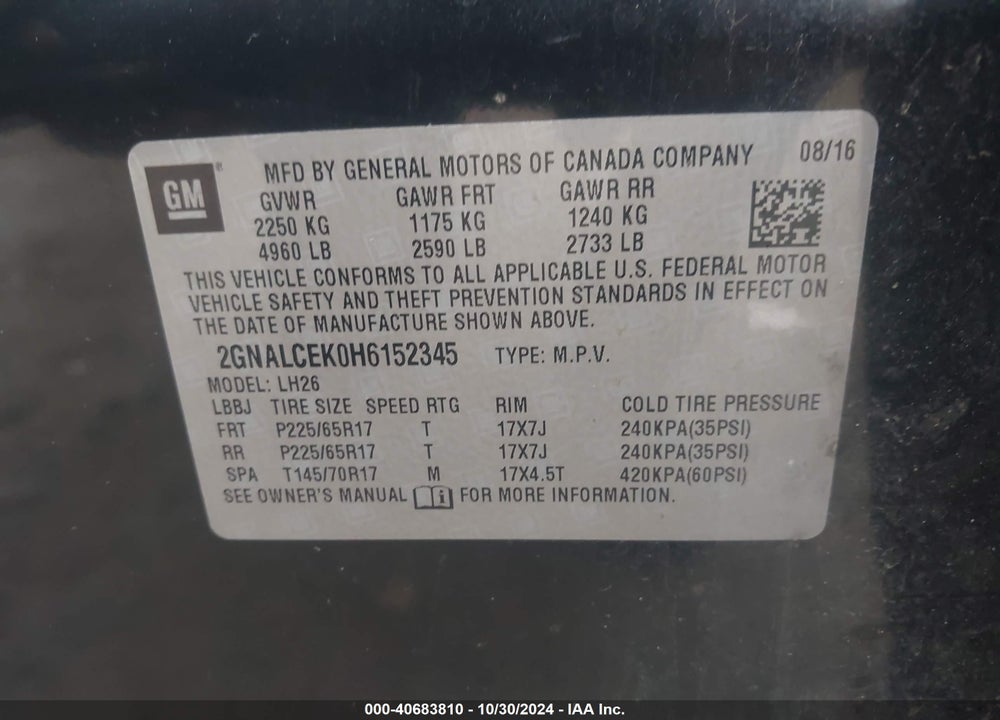2017 CHEVROLET EQUINOX LT VIN: 2GNALCEK0H6152345