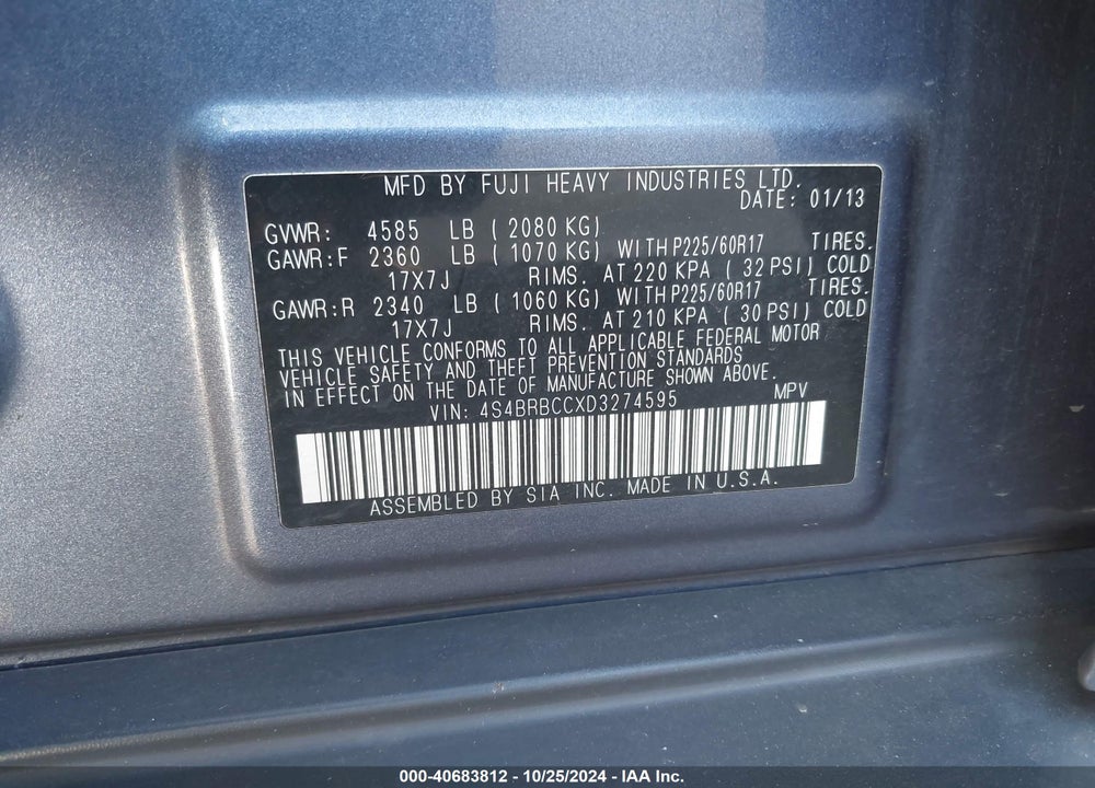 2013 SUBARU OUTBACK 2.5I PREMIUM VIN: 4S4BRBCCXD3274595