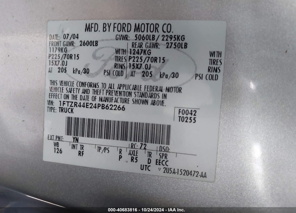 2004 FORD RANGER XLT VIN: 1FTZR44E24PB62266