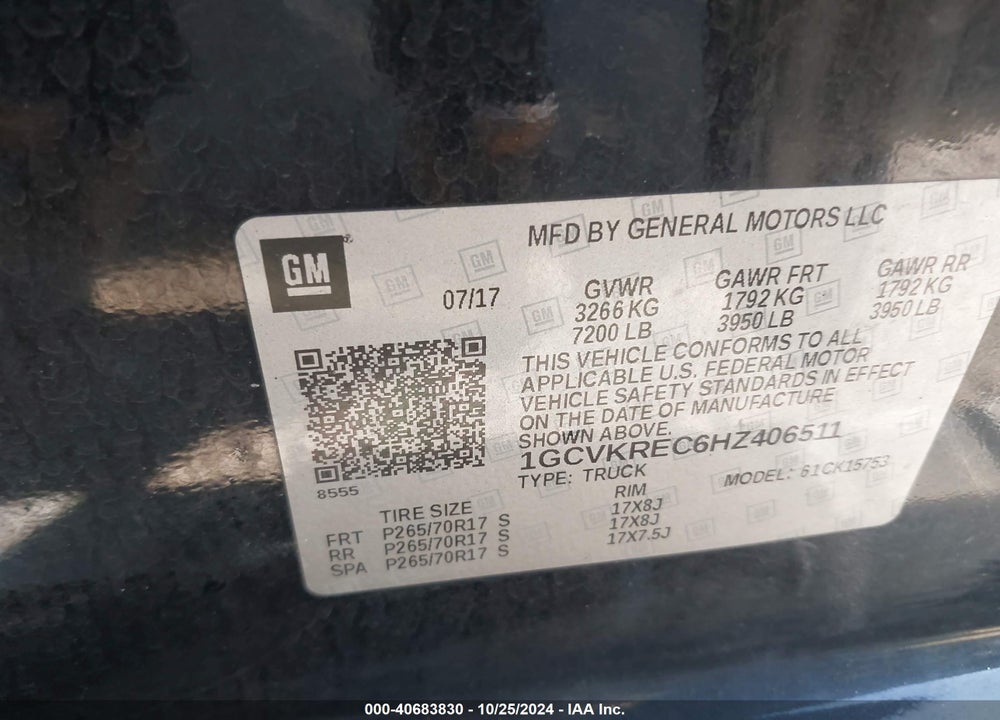 2017 CHEVROLET SILVERADO 1500 1LT VIN: 1GCVKREC6HZ406511